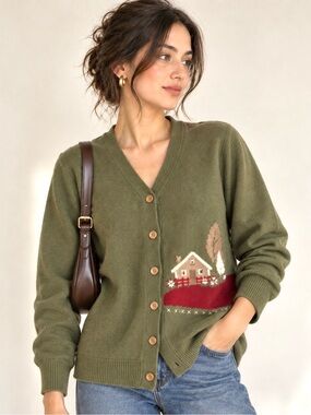 Vintage Cottagecore Cardigan Sweater 90s 80s - Olive Green - Sz M